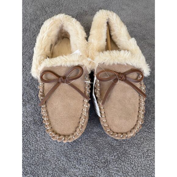 J Crew Slippers Womens 5 Shearling Leather Moccasin NEW Brown Comfort Slip On - Picture 1 of 6